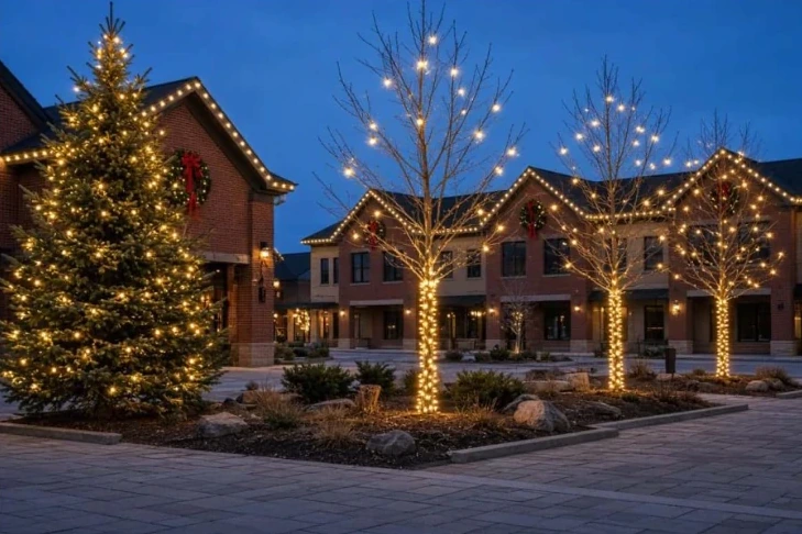 Decorated commercial building with warmly lit trees and rooflines