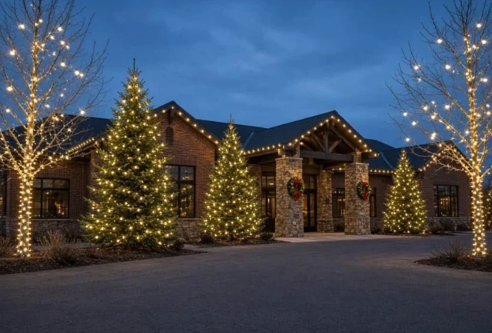 Commercial entrance and landscaped trees illuminated for the holidays