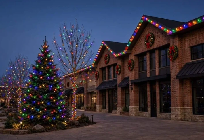 Storefront with colorful Christmas lights and a decorated outdoor tree