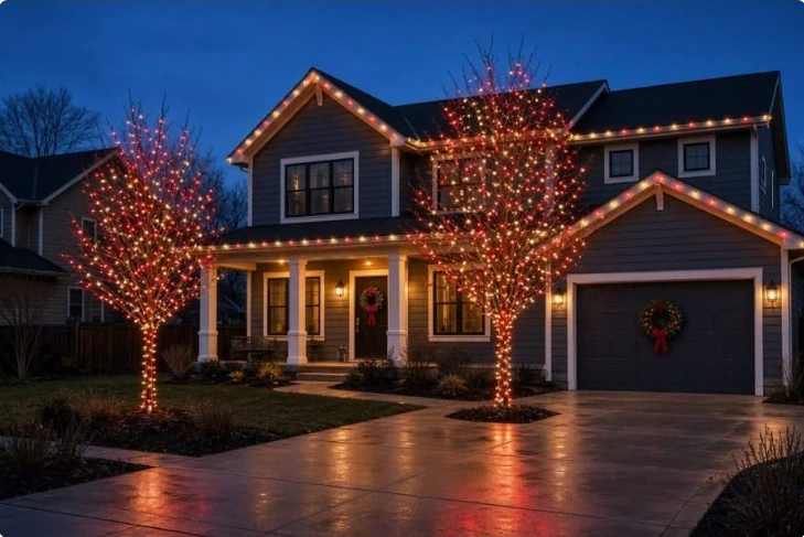 Residential home with warmly illuminated rooflines and red-lit trees